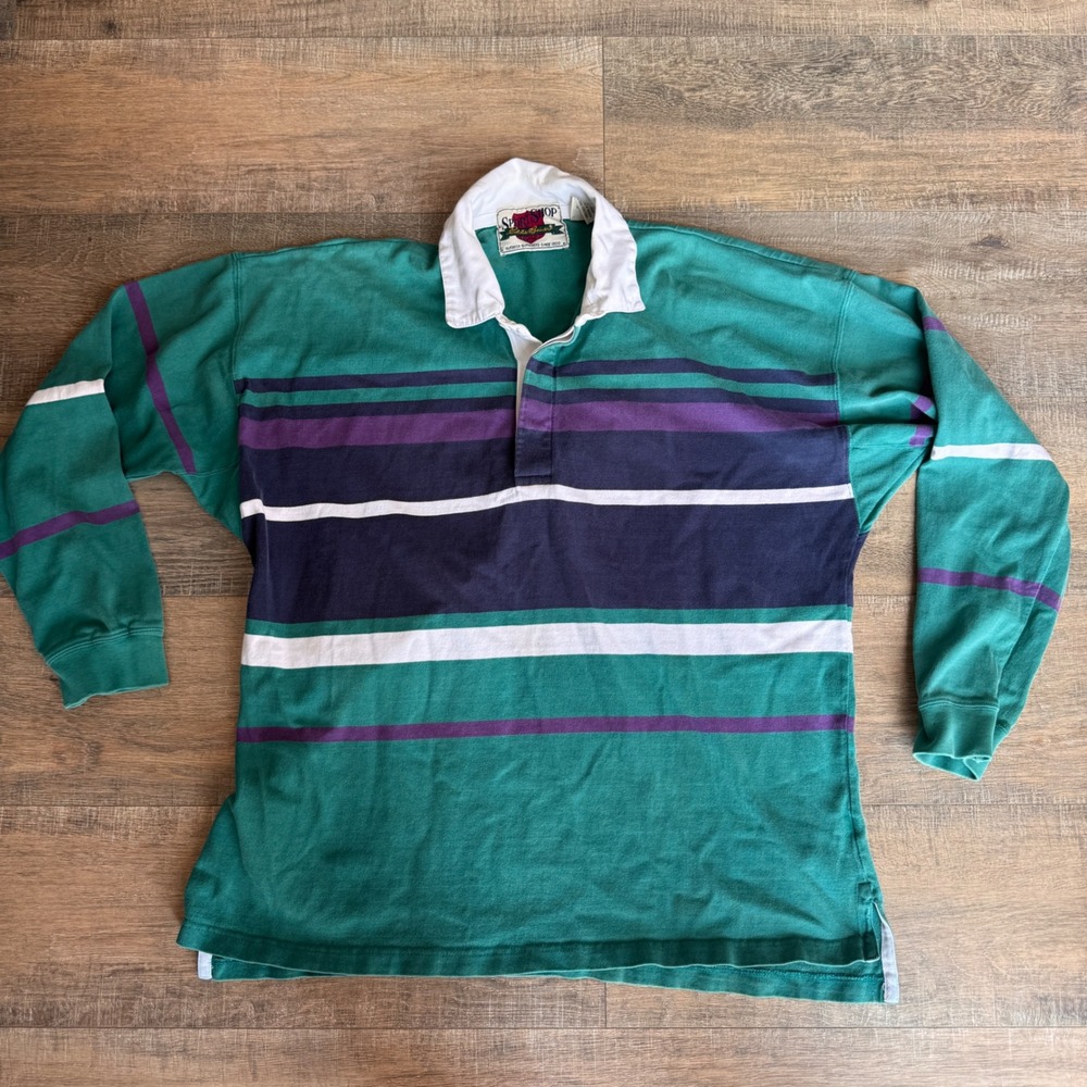 Vintage Eddie Bauer Sport Shop Rugby Shirt Mens XL Green Purple Striped 90s
